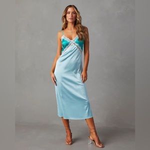 Blue/teal satin slip dress
